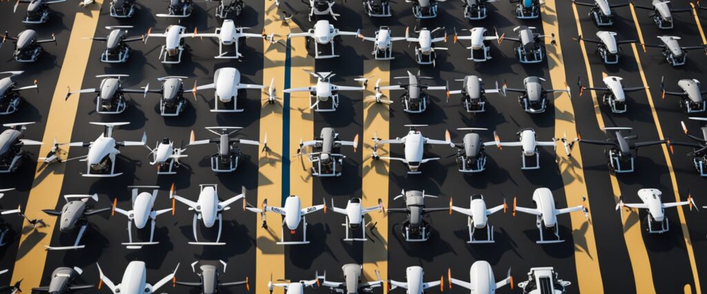 Légi felvétel a fényképezéshez felsorakoztatott top drónmodellekről