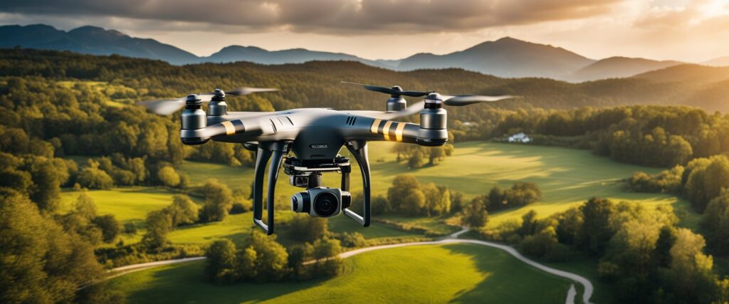 Egy drón lebeg egy festői táj felett, lenyűgöző légi felvételeket készítve. A legjobb fotózásra alkalmas drónokat a közelben mutatjuk be