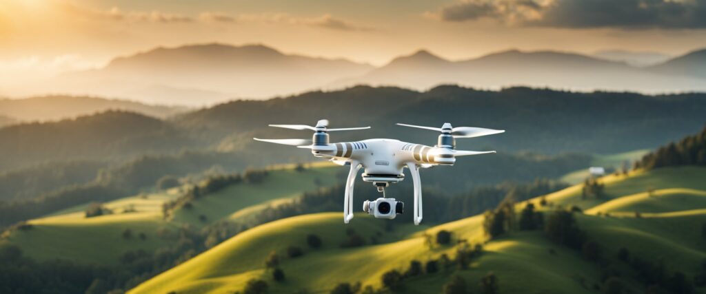 Légi felvétel egy drónról, amely egy festői táj felett lebeg, kiváló minőségű fényképeket és videókat rögzít.